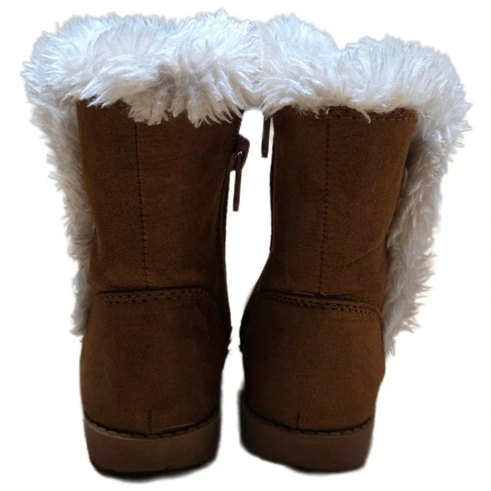 Cat & Jack Katrina Fleece Fashion Boots Girl's Size 5 Brown White Faux Fur Suede